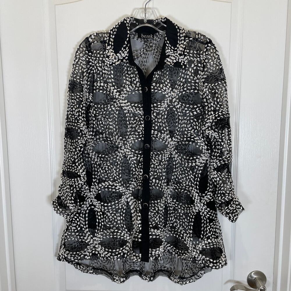 Berek Artsy Jacket Embroidered Sheer Mesh Black White Ruched Sleeves M